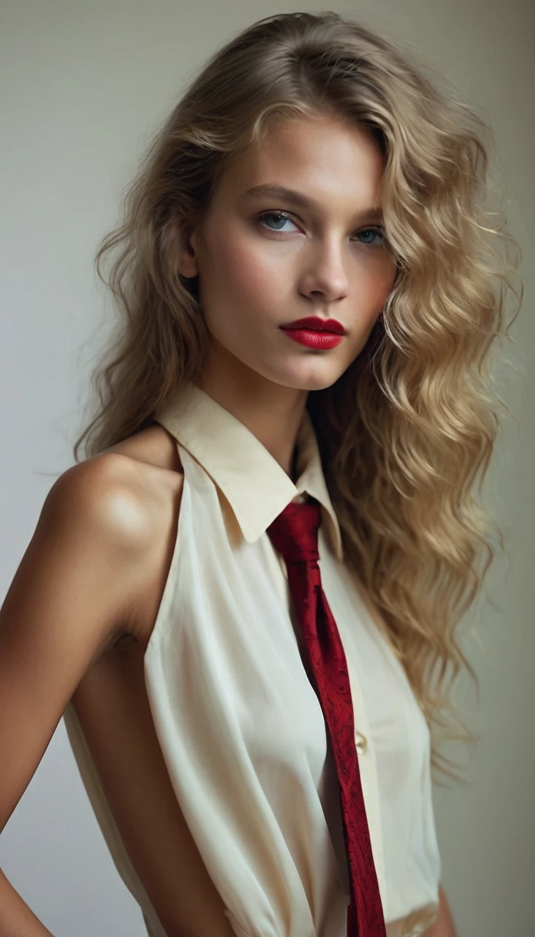 Intricately composed,, award-winning modern professional photography piece .A supermodel, a slender USSR-pioneer, her perfect naked body is highlighted by a pioneer red tie tied around her neck. curly blonde hair, A meticulously a vibrant high-quality photography, showcases impeccable detail, crisp colors, and impressive clarity, making girl standout in the world of photography. (supermodel Very beautiful facial body's:1.32), full body shot, long legs, medium breast, nude