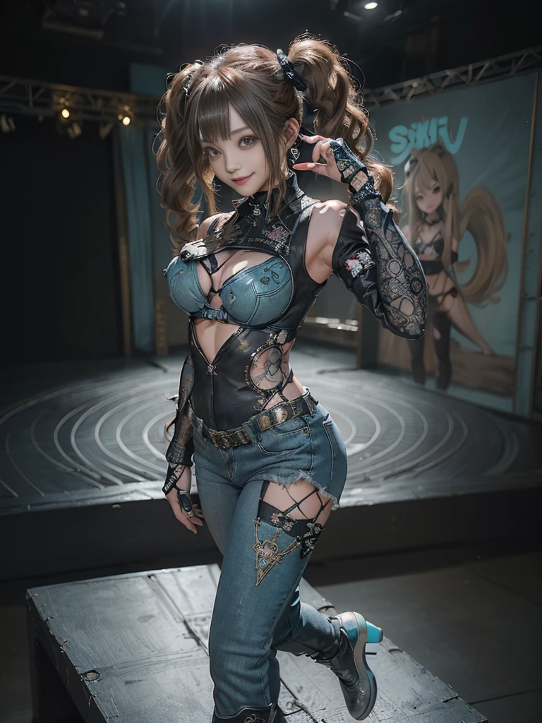 (Full Body View:1.2)、(Side view:1.1)、(Smiling with teeth showing:1.4),(Shibuya Gal:1.5)、(Gothic ta style fashion:1.5)、(Punk RockVisual Kei:1.5)、(Wearing a rhythmic gymnastics bodysuit with intricate details:1.4)、(Racing suit and pants with intricate turquoise, denim and charcoal decorations:1.5)、(Denim and light blue and turquoise boots:1.3)、((belt))、(Numerous delicate logo marks all over the costume:1.4)、(collar:1.3)、(Polka dot underwear:1.5)、20-year-old、NSFW、((Highest quality、In 8K、masterpiece:1.3))、Sharp focus:1.2、(Layered Cut、Huge boobs:1.1),Beautiful woman with perfect figure:1.4、(Doing a ballerina pose:1.3)、Slender Abs:1.2、Highly detailed face and skin texture、Detailed eyes、double eyelid,(Twin tails:1.3)、(Brown-golden hair:1.3)、Gravure idol、(The background is the stage of the fashion show:1.3)、(Slim Body:1.3),(Make your legs thinner:1.4),(clavicle:1.1)