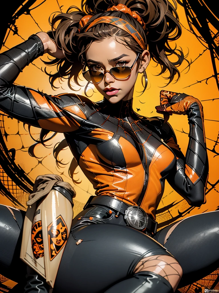 "Superhero, with stylish wavy hair and wearing a sleek black leather eye mask, a form-fitting black spandex jacket and pants, black fingerless leather gloves, and matching black boots, standing against the backdrop of a breathtaking sunset."