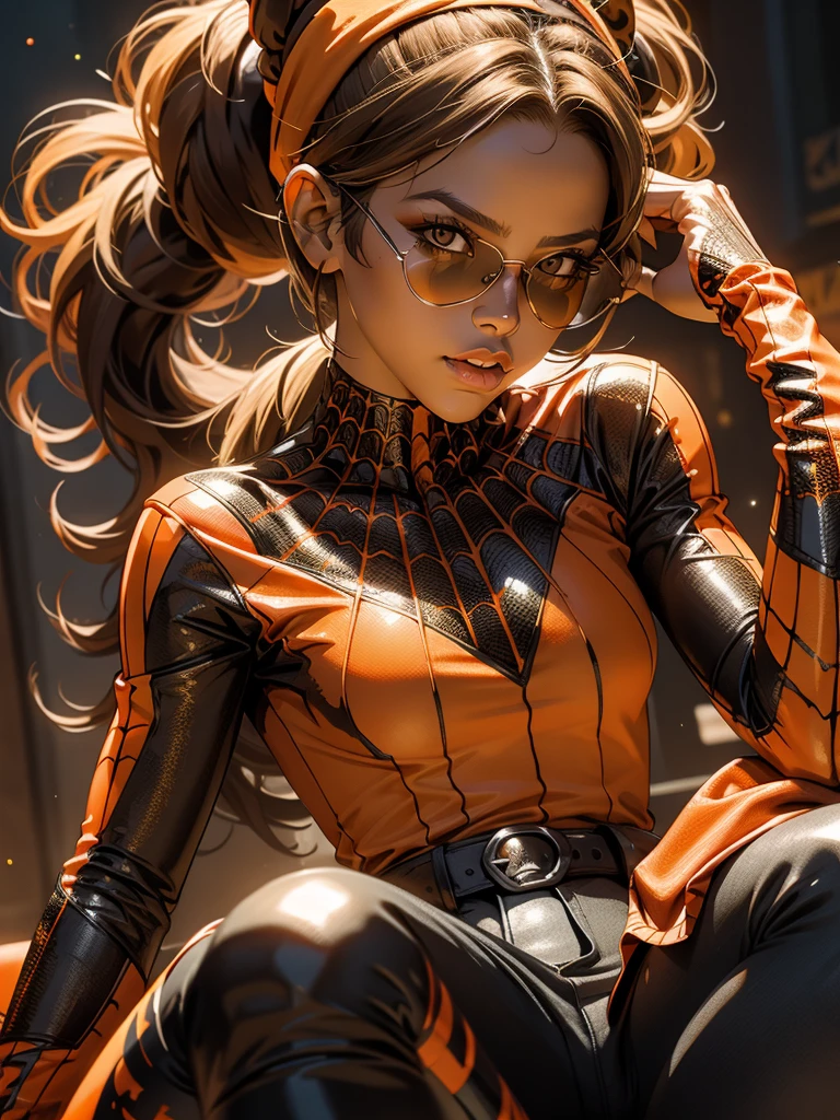 A digital glossy realistic full-body painting of a boujie woman with brown hair in a messy bun, wearing a Halloween themed head wrap, orange and black flannel shirt, torn jeans, Timberland boots, round reflective glasses with spiderwebs printed on the sunglasses. The background is a gradient glitter of black and orange spiderwebs with inkblots. 300 dpi, 4K resolution.