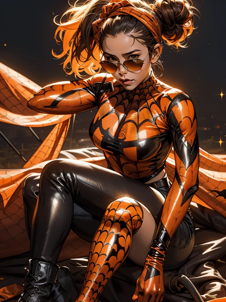 A digital glossy realistic full-body painting of a boujie woman with brown hair in a messy bun, wearing a Halloween themed head wrap, orange and black flannel shirt, torn jeans, Timberland boots, round reflective glasses with spiderwebs printed on the sunglasses. The background is a gradient glitter of black and orange spiderwebs with inkblots. 300 dpi, 4K resolution.