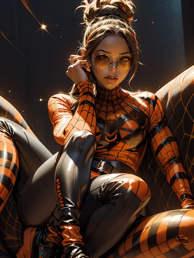 A digital glossy realistic full-body painting of a boujie woman with brown hair in a messy bun, wearing a Halloween themed head wrap, orange and black flannel shirt, torn jeans, Timberland boots, round reflective glasses with spiderwebs printed on the sunglasses. The background is a gradient glitter of black and orange spiderwebs with inkblots. 300 dpi, 4K resolution.