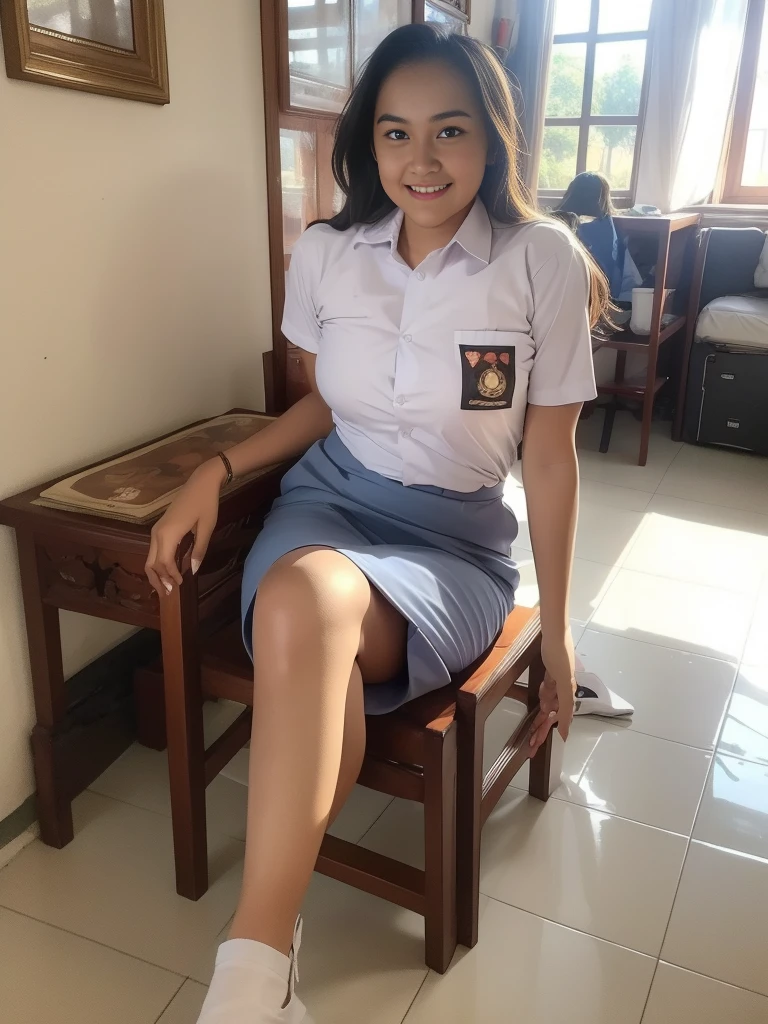 1girl, solo, (Indonesian_high_school_uniform), model pose, Classroom, bright light, detailed face, detailed eyes, amazed face expression, wide view, large breasts, semi-curvy, smooth realistic skin, hands behind back, looking at viewers, wearing white shirt, wearing grey blue very short pants, (8k, RAW photo, best quality, masterpiece: 1.2), (realistic, realistic: 1.5), ultra-high resolution