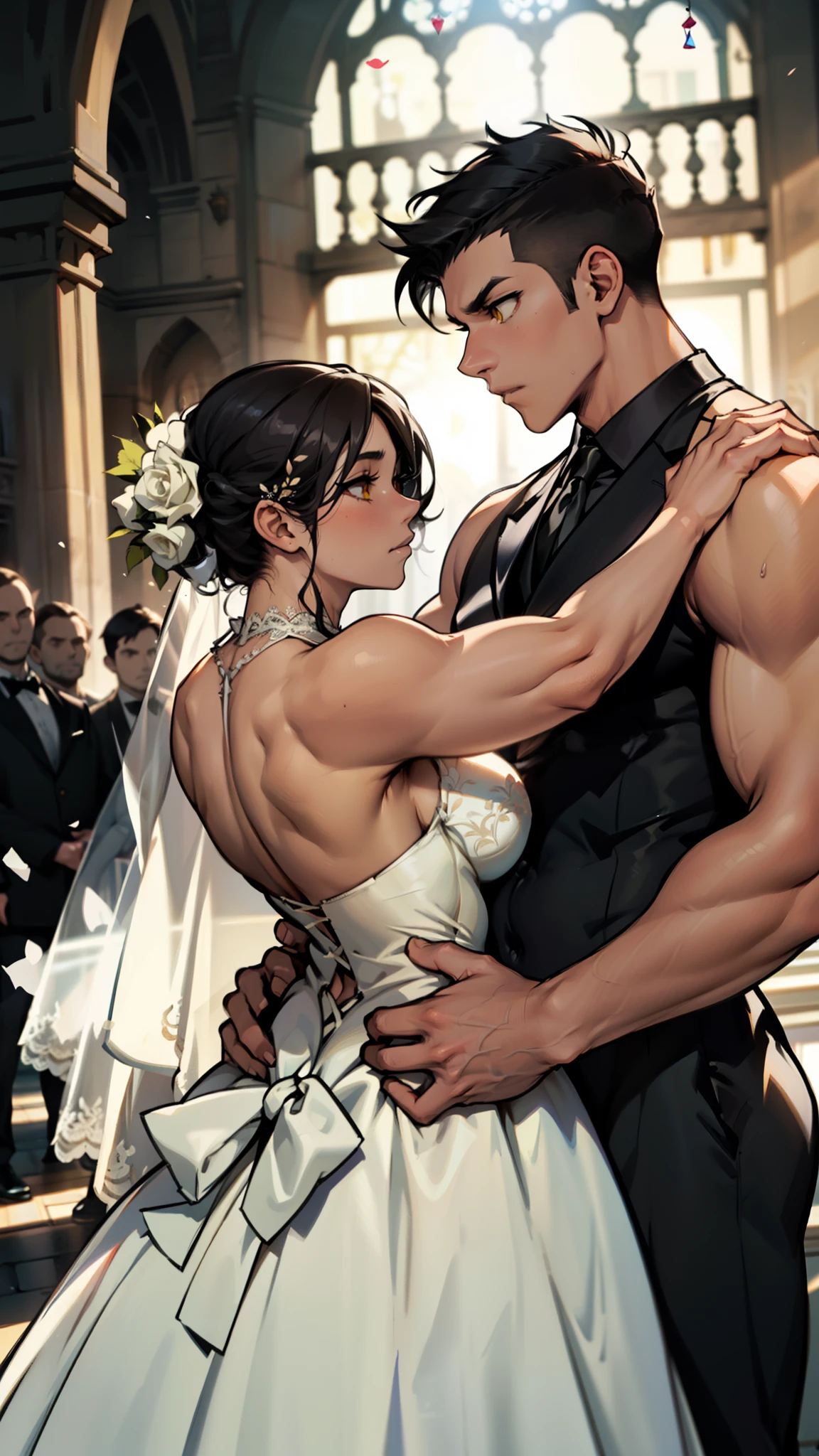 voluptuous thick large breasts muscular toned body bodybuilder black hair pale skin yellow eyes skintight expressionless sad sad wedding dress wedding dress wedding dress