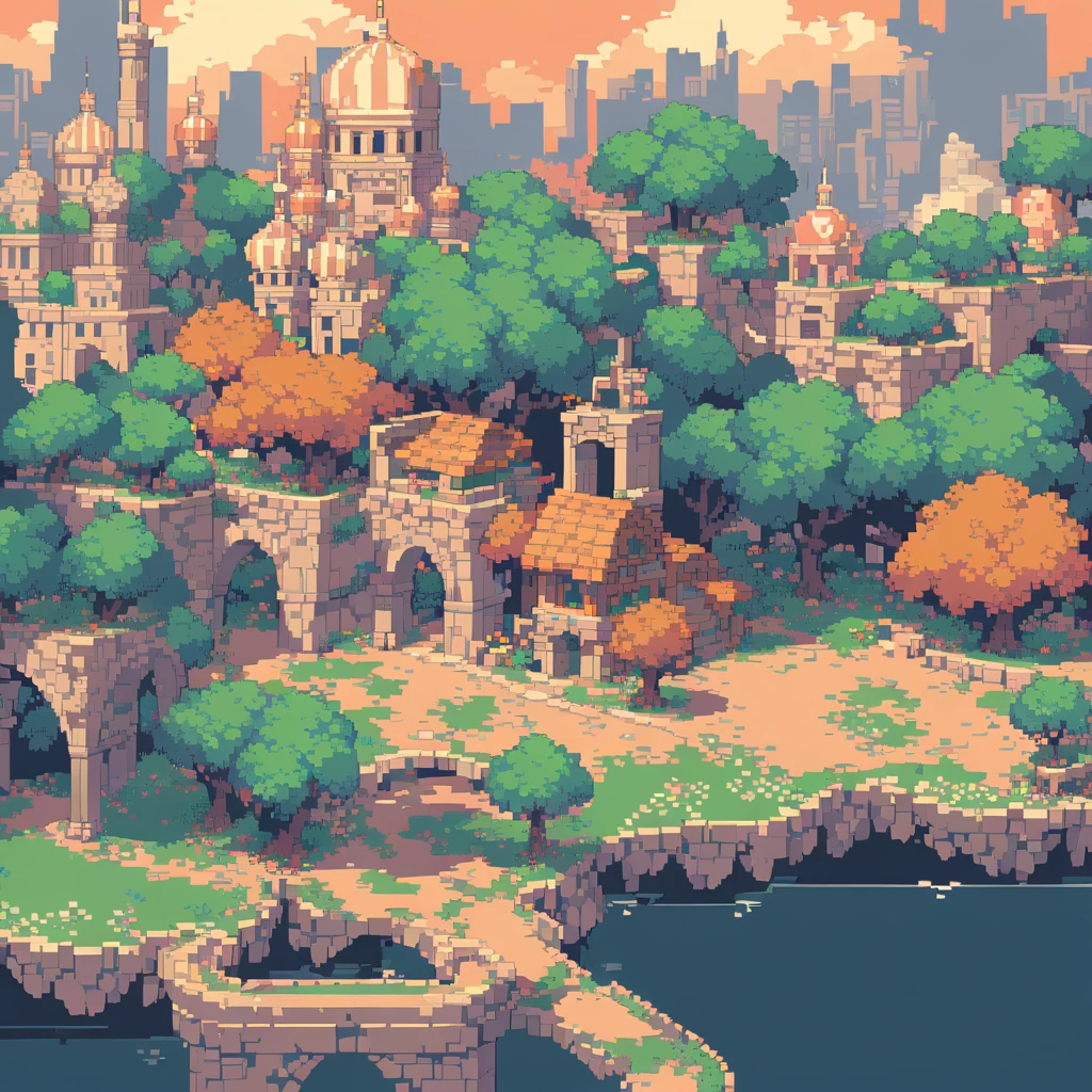 The prompt for generating a Pixel art could be: "Pixel art,(Highest quality, High resolution, detailed),(Retro, nostalgic) color,8bit style,Crisp lines and edges, City"
