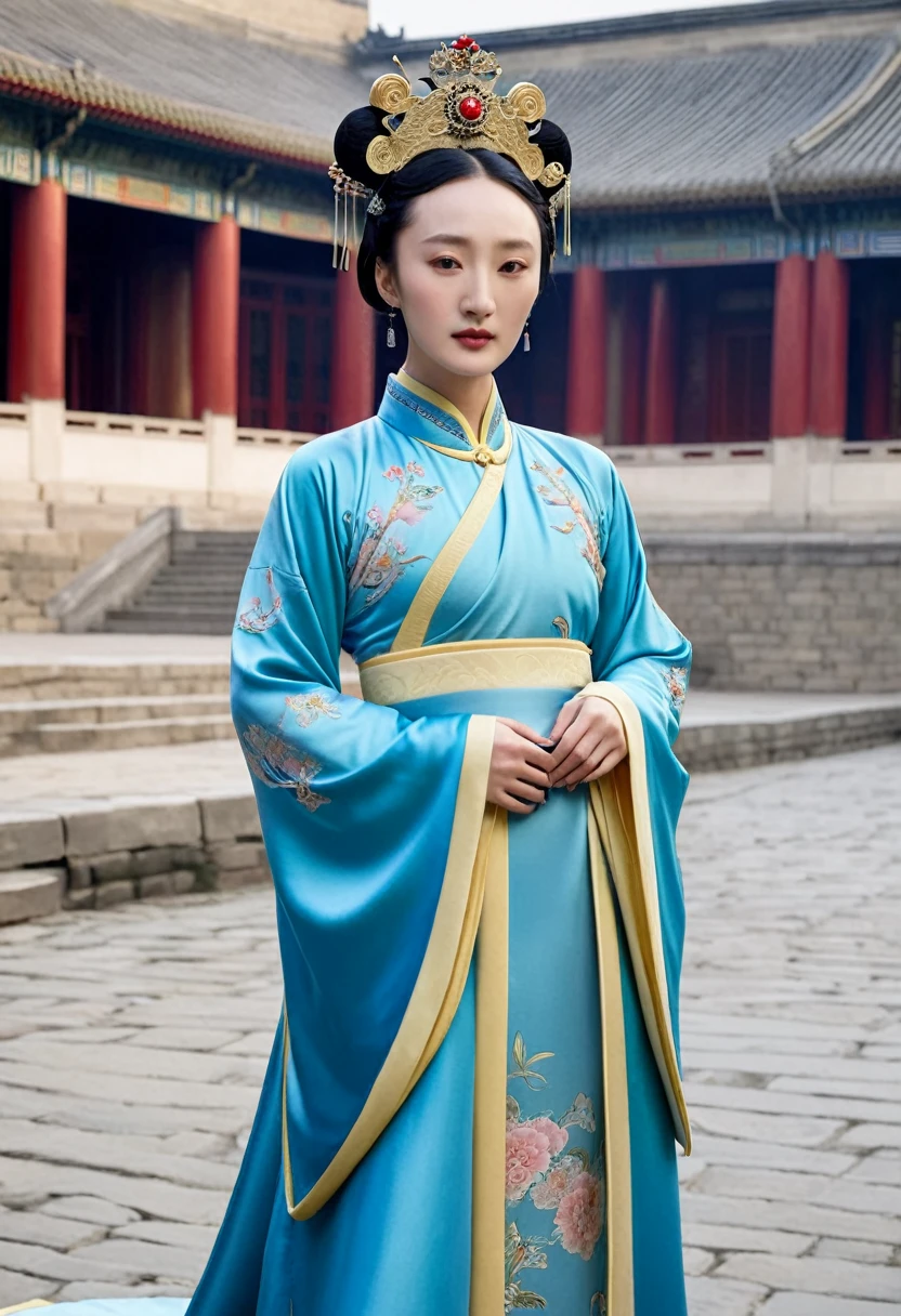 Chinese actress Zhou Xun in The Legend of Ruyi(Zhou Xun)Front view of a Qing Dynasty empress with a similar face and large breasts, Belly and hairy pussy
Nudity without underwear, Hairstyle, Chinese Empress wearing a large crown, Outside the Qing Dynasty Palace, Cobblestones