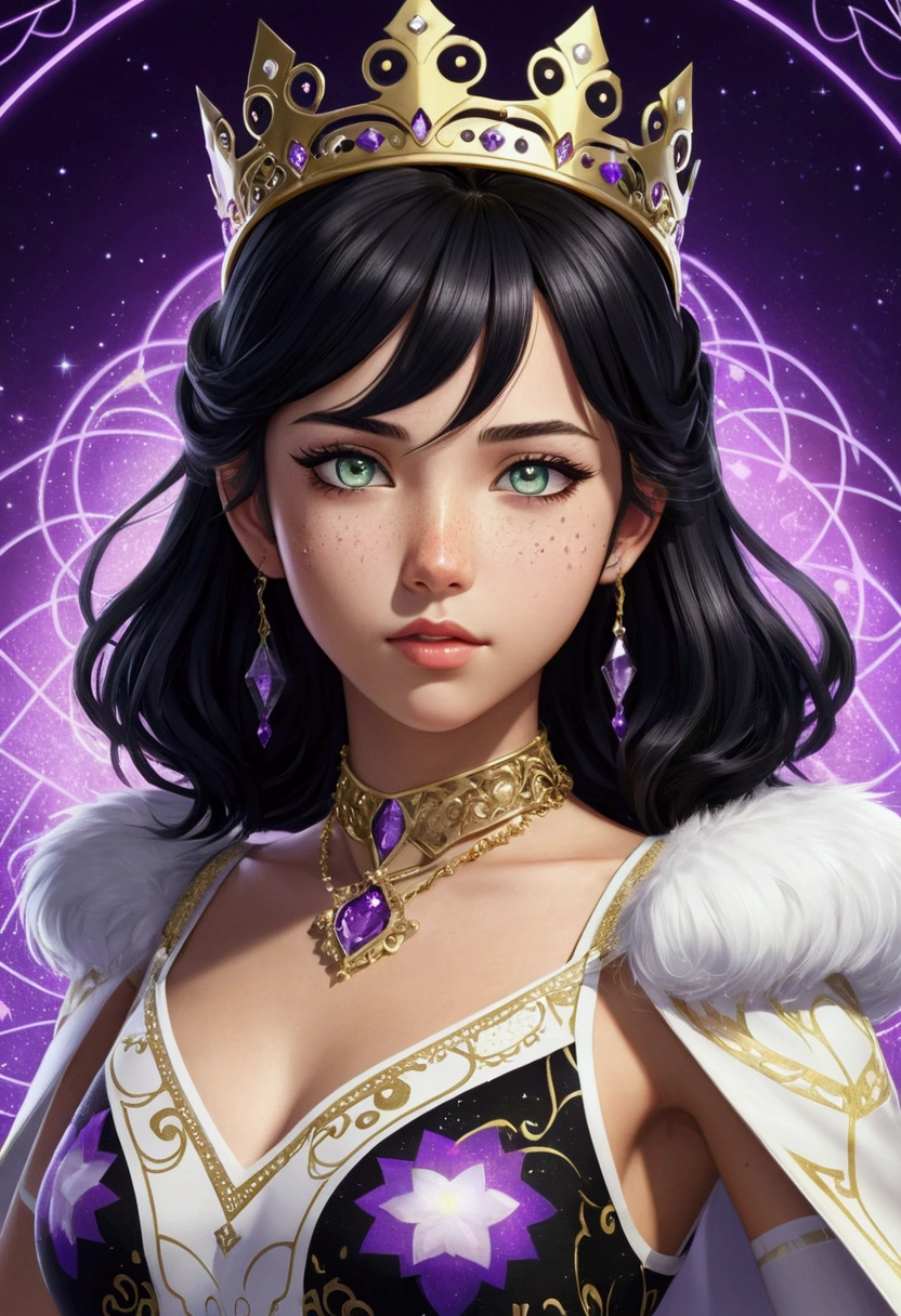 anime girl with medium length black hair, greeneyes, and light skin. she has freckles . She wears a white tiara-shaped crown. A black and purple twitch name and gold bodysuit with magical style details in its design, with hexagonal patterns
