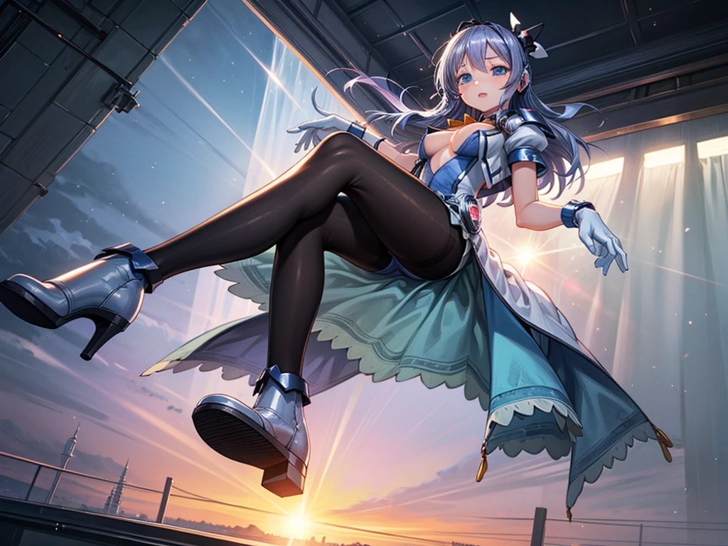 Highest quality，symphony_sugar,Light blue hair,Dark blue eyes,hair ornaments,Long Hair,White Long_Gloves,Light blue short dress,Black Pantyhose,High heels, ,Show me your boots，Gloves，elegant, 1 girl, cute, Blushed, Looking at the audience, From below, prison，Beautiful Eyes, Beautiful background, Particles of light, Light of the sun, Dramatic lighting, outside, Shiny, Realistic, Highest quality, Very detailed, Get used to it, scenery, Beautiful and detailed, Thin Hair，Full Body Shot，