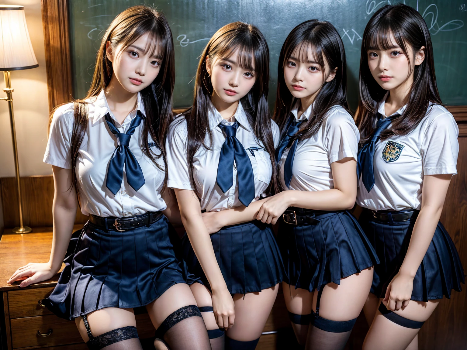 (8K, Raw photography, top-quality, ​masterpiece:1.2), master piece, best quality, illustration, Super detailed, fine details, High resolution, 8K,wall paper, perfect dynamic composition,(Details High quality, realistic depiction of eyes:1.3), ((2 girls, 2 girls)), The background is a luxury hotel room、High school girl uniform、Super Short Check Uniform Skirt、Navy blue high socks、garterbelts、Colossal tits、Disturbed uniform, Play with each other,Touching each other's bodies,Touching the body of the girl next door, short bob hair, black hair color, huge breasts, Big Natural Color Lip, bold sexy pose, (perfect body shape), crying a little、cold gaze,  Beautiful makeup,glitter makeup,Cutest 18 years old, beautiful legs, hposing Gravure Idol, Voluptuous thighs
