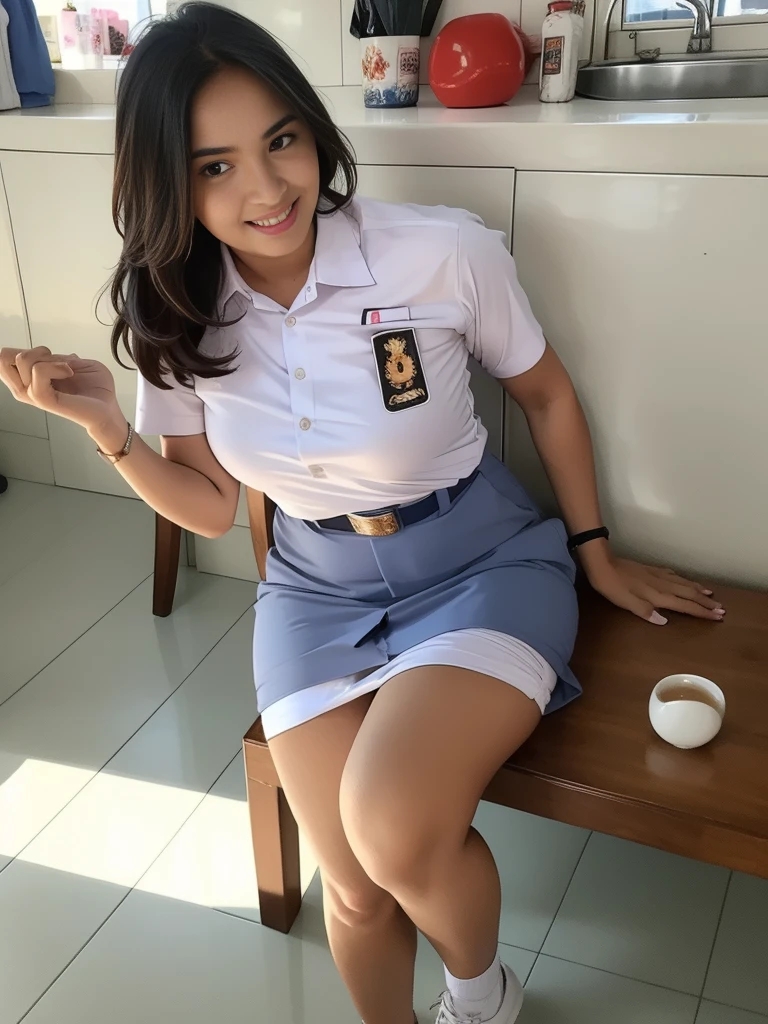 1girl, solo, (Indonesian_high_school_uniform), model pose, Classroom, bright light, detailed face, detailed eyes, amazed face expression, wide view, large breasts, semi-curvy, smooth realistic skin, hands behind back, looking at viewers, wearing white shirt, wearing grey blue very short miniskirt, (8k, RAW photo, best quality, masterpiece: 1.2), (realistic, realistic: 1.5), ultra-high resolution