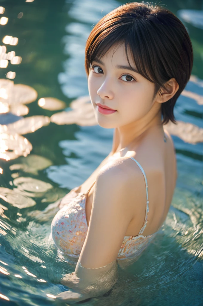 22year old beautiful girl、Highest image quality、realistic、16K、beautiful woman、Pixie Cut、(RAW Photos, 最high quality), (Realistic, Realistic:1.2),high quality, 1 girl,Delicate face,Underwater,The sun shines on the water,