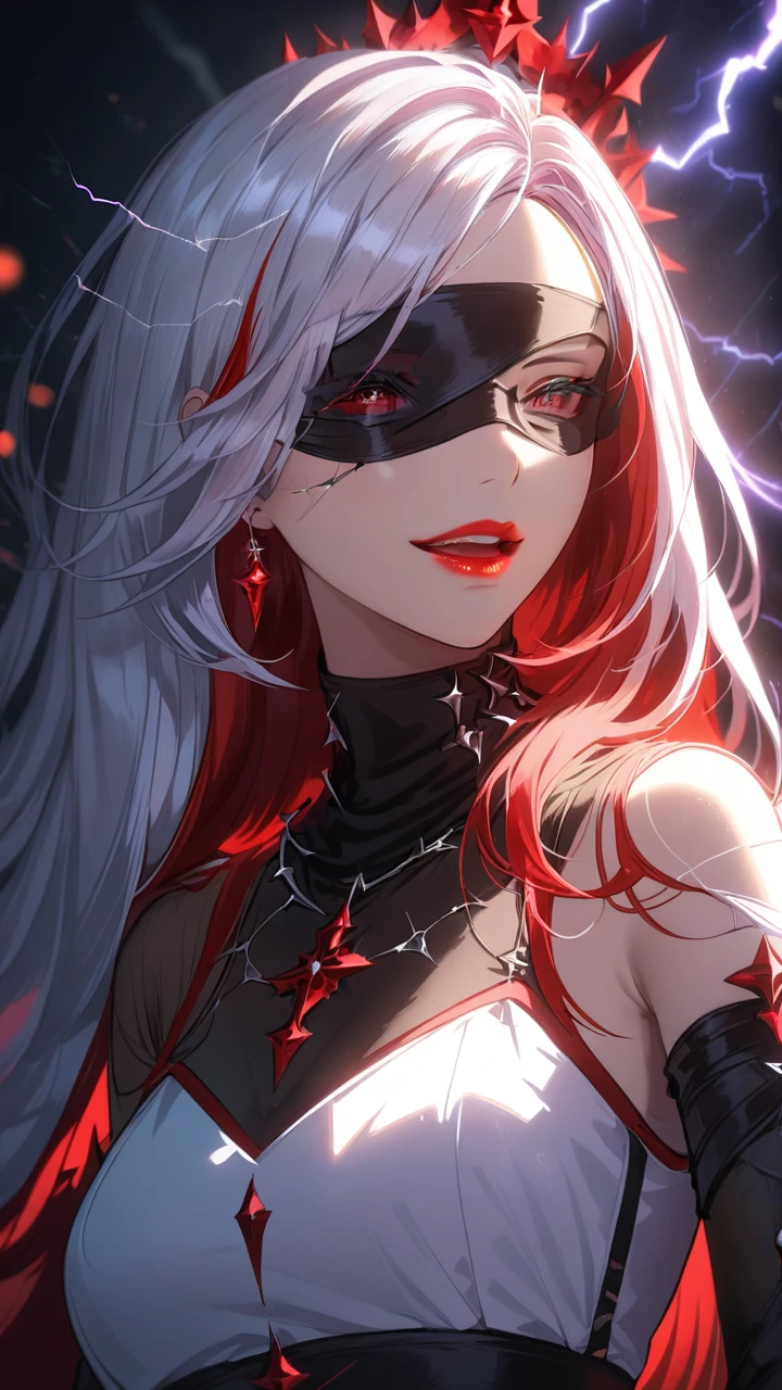 1girl, fabric blindfold, split-color hair:1.3, long hair, red lips, laugh, white dress, see-through sleeve, crown of thorns , dramatic lighting, soft shadow, masterpiece, best quality, safe, SFW, very aesthetic, recent, absurdres, highres, lightning, glowing,