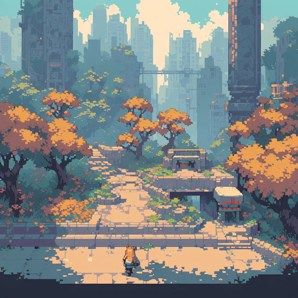 The prompt for generating a Pixel art could be: "Pixel art,(Highest quality, High resolution, detailed),(Retro, nostalgic) color,8bit style,Crisp lines and edges, Concrete Jungle"