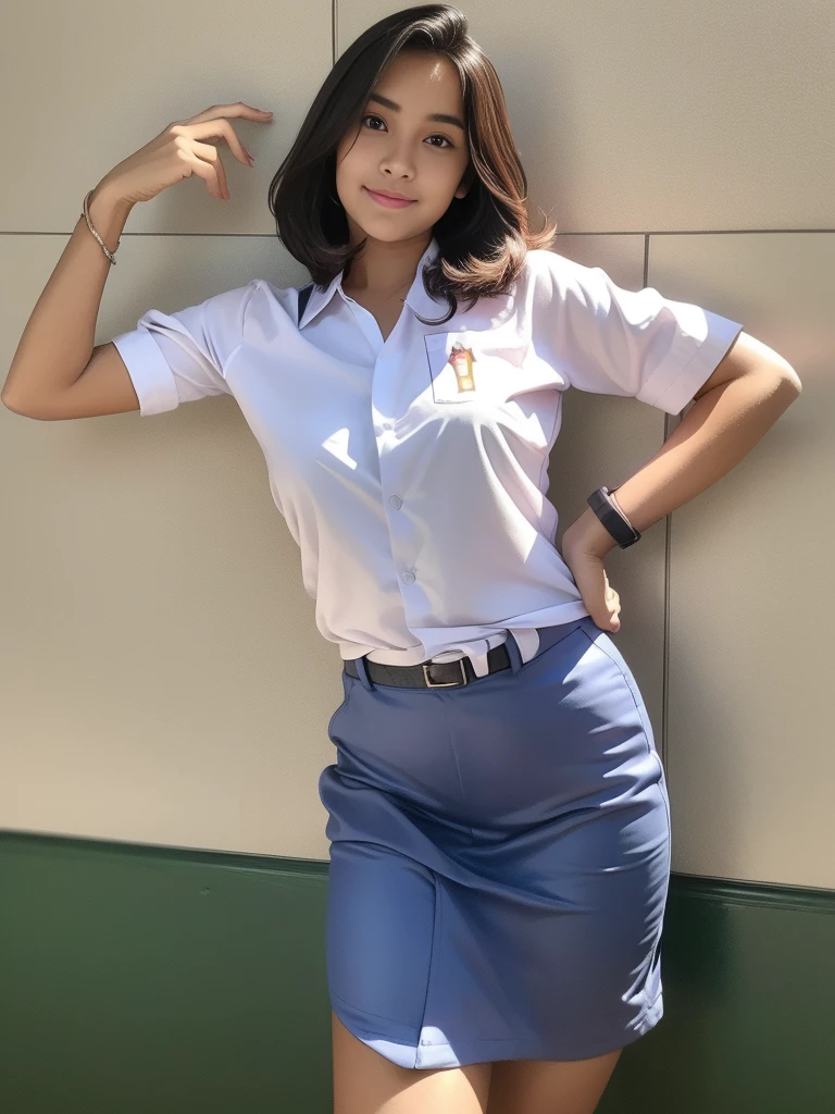 1girl, solo, (Indonesian_high_school_uniform), model pose, Classroom, bright light, detailed face, detailed eyes, amazed face expression, wide view, large breasts, semi-curvy, flat belly, smooth realistic skin, hands behind back, looking at viewers, wearing white shirt, wearing grey blue very short miniskirt, (8k, RAW photo, best quality, masterpiece: 1.2), (realistic, realistic: 1.5), ultra-high resolution