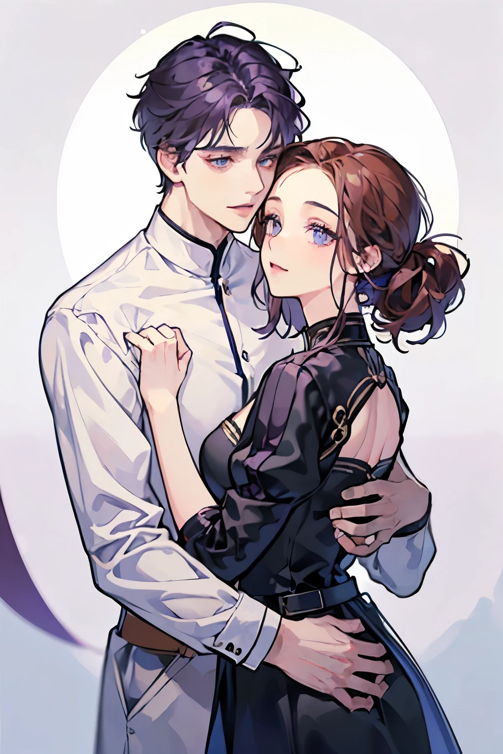 White Background、((Man with purple hair))、Droopy eyes、Blue eyes on the face、Man in white shirt、Short-haired man、a handsome guy、chest、((Middle parted man))、((Man with forehead exposed))、Black slacks、smile、16 year old male、Adult female、Woman in a black dress、Long Hair Girl、 Man hugging woman、Men and women hugging each other、((Brown Hair Girl))、((Girl with bangs))、Detailed face、Clear Face、((girl with bangan with purple hair))