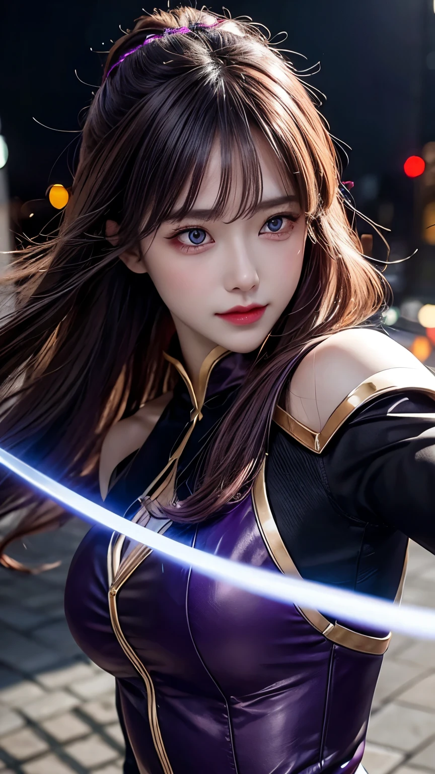 Masterpiece, best quality, detail, depth of field, ultra-realistic, realistic face and eyes, realistic skin texture, cinematic lighting, eyes to see the audience. 1 girl, solo, (frown, closed mouth), keqing_\(genshin_impact\), purple_eyes, purple hair, double tail, sharp eyes, serious face, gloves, black stockings, outdoor, purple lightning, fileg, lightning glowing sword, purple lightning, upper body