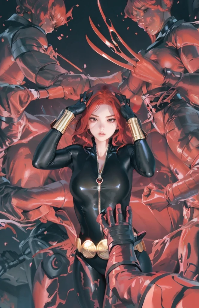 The image displays a red-haired woman in a sleek skin-tight shiny black latex bodysuit with a deep-cut zipper neckline revealing a large chest, the silver zipper running down the front
 adorned with gold wrist guards and belt, standing with her hands on her head against a red background. She is surrounded by numerous red hands or claws extending toward her from all directions, creating an intense, dramatic atmosphere and indicating some form of impending threat. Her posture suggests determination and readiness, painting her as a figure of power or heroism amid the danger.