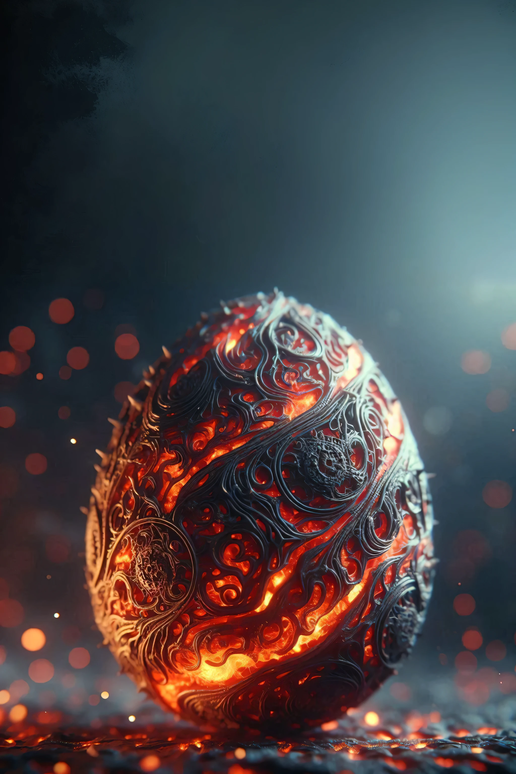 a demonic egg, detailed fantasy art, dark and twisted, glowing cracks in the shell, ominous atmosphere, dramatic lighting, deep shadows, moody colors, unsettling and eerie, (best quality,4k,8k,highres,masterpiece:1.2),ultra-detailed,(realistic,photorealistic,photo-realistic:1.37),dramatic cinematic composition,gothic horror,dark fantasy,occult,dark magic