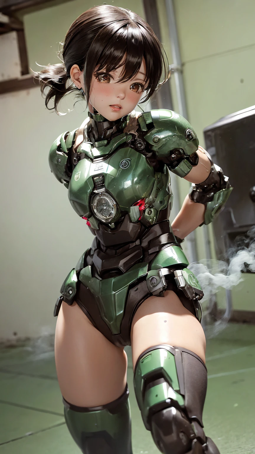 Textured skin, Super Detail, Attention to detail, high quality, 最high quality, High resolution, 1080P, hard disk, beautiful,(War Machine),beautifulサイボーグ女性,Dark Green Mecha Cyborg Girl,Fight,Girl with a mechanical body,、Plain junior high school girl　、Sweaty brown eyes、Sweaty face、Expressions of distress　blush　cute　Black-haired　((Steam coming out of my head)) (Steam coming out of the whole body)Glasses　Embarrassing　Hide the body　Spread your legs　M foot opening　((Falling to the ground))　(Shyness)