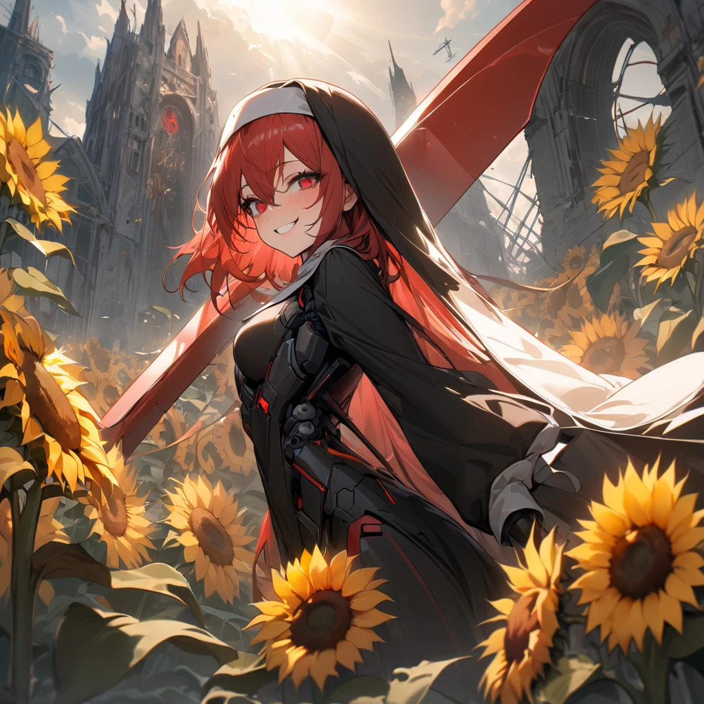 Top quality, masterpiece, high resolution, girl, short red hair, red eyes, Very long sleeves that cover the wrists,Very long nun's black dress, advanced mechanical technology,giant scythe, decaying church, sun, sunflowers, Madness smile,close-up,Top quality, masterpiece, high resolution, advanced mechanical technology, giant red mechanical weapon, cross, android, ruined city, sunflower