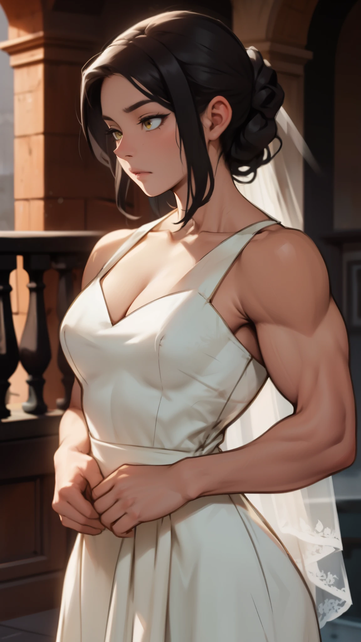 large breasts muscular toned body bodybuilder black hair pale skin yellow eyes skintight expressionless sad sad wedding dress wedding dress wedding dress 