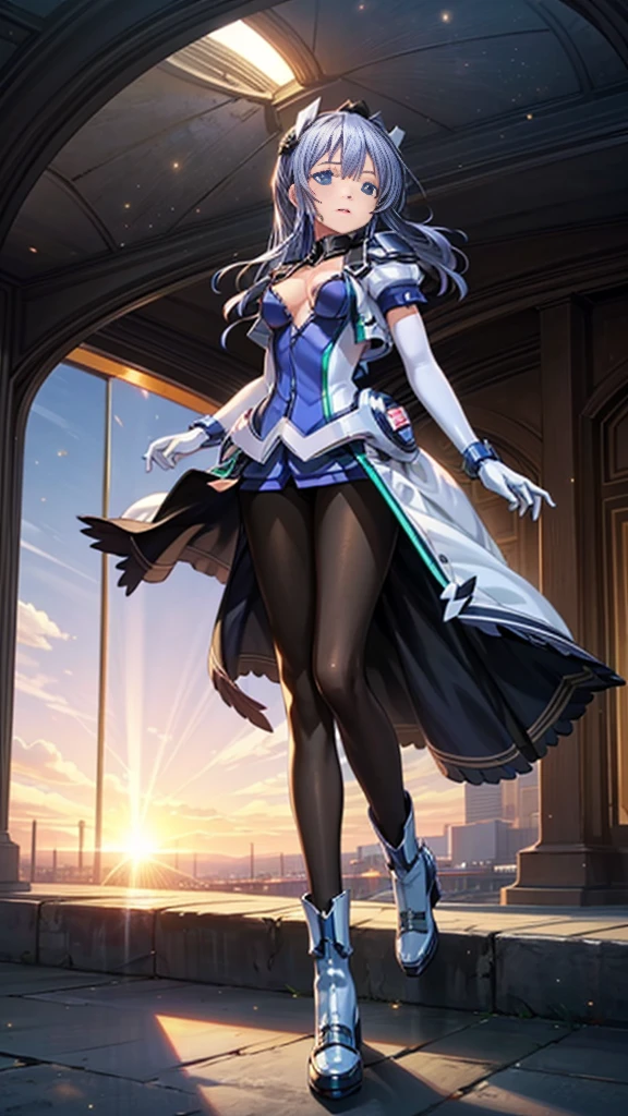Highest quality,symphony_sugar,Light blue hair,Dark blue eyes,hair ornaments,Long Hair,White Long_Gloves,Light blue short dress,Black Pantyhose,High heels, ,Show me your boots,Gloves,elegant, 1 girl, cute, Blushed, Looking at the audience, From below, prison,Beautiful Eyes, Beautiful background, Particles of light, Light of the sun, Dramatic lighting, outside, Shiny, Realistic, Highest quality, Very detailed, Get used to it, scenery, Beautiful and detailed, Thin Hair,Full Body Shot,