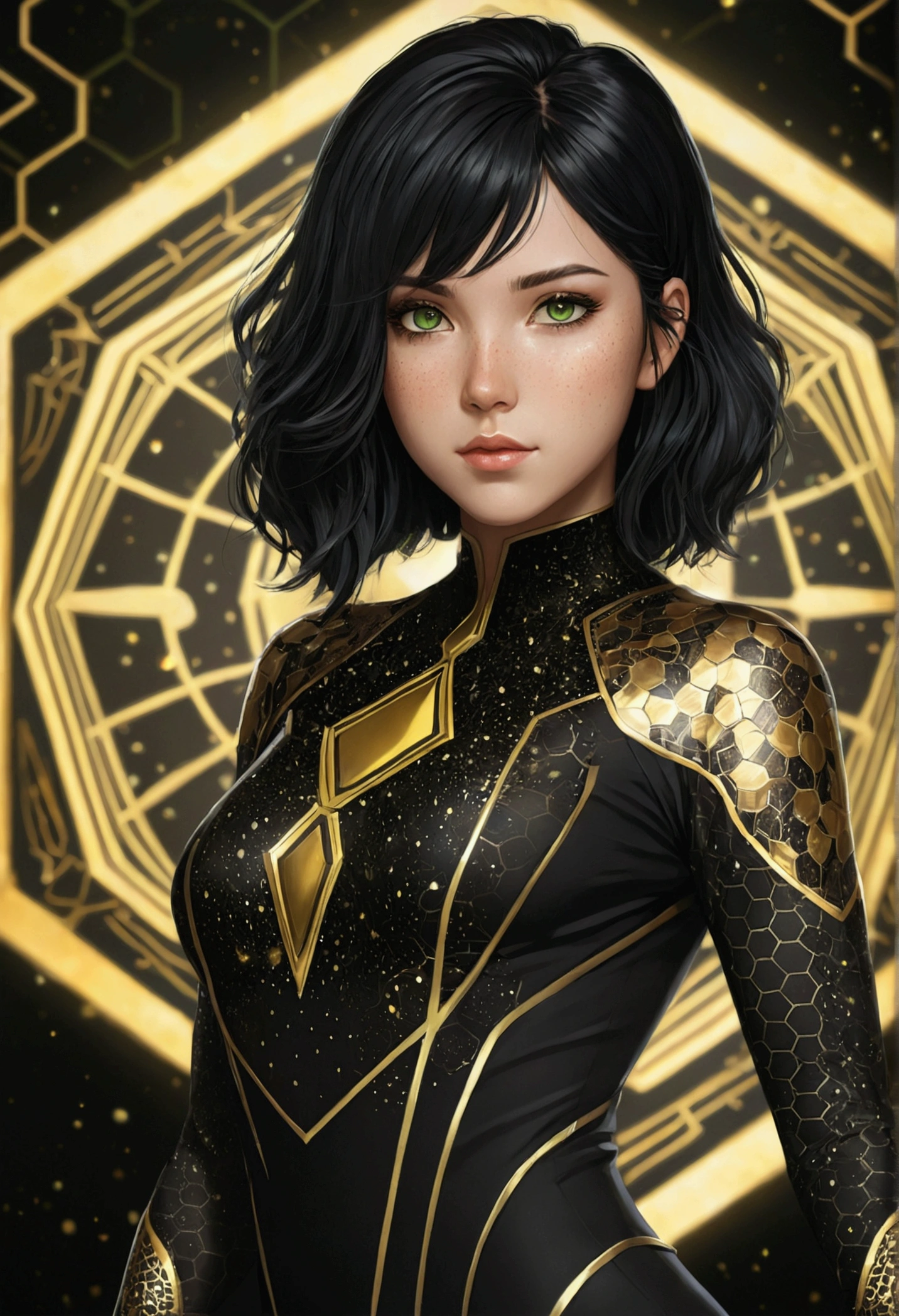 portraite, anime girl with medium length black hair, greeneyes, and light skin. she has freckles . A black and gold bodysuit with magical style details in its design, with hexagonal patterns
