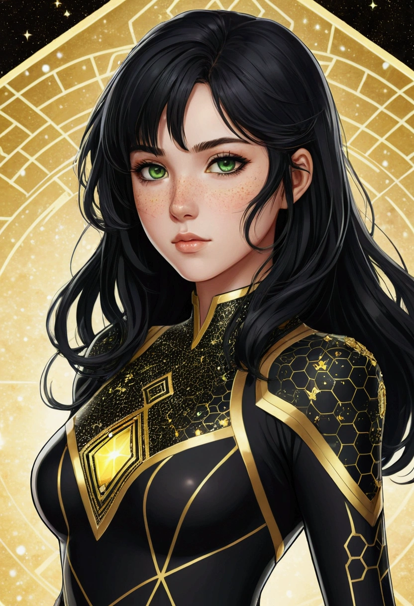 portraite, anime girl with medium length black hair, greeneyes, and light skin. she has freckles . A black and gold bodysuit with magical style details in its design, with hexagonal patterns