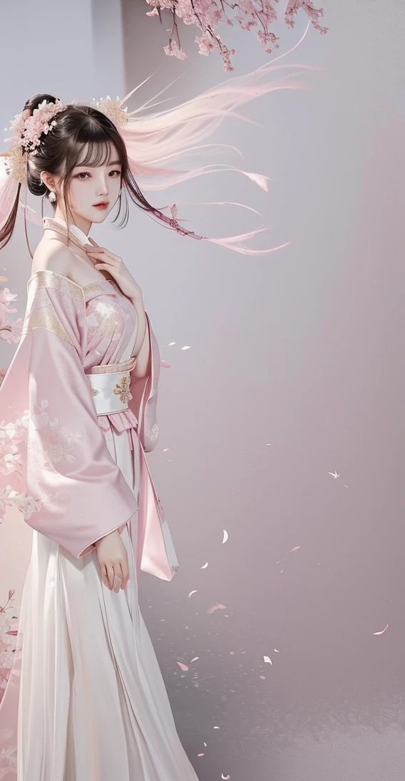 Wearing a pink dress、Araf woman holding fan and white dress, inspired author：Zheng Xiaorong, author：Zheng Xiaorong, Hanfu, pale pink and gold kimono, Mei Qing, lots of merlot, white Hanfu, Light and colored kimono, Inspired by Cheng Yanjun, Elegant digital art