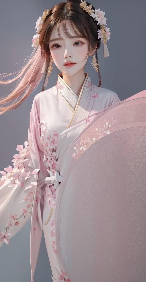 Wearing a pink dress、Araf woman holding fan and white dress, inspired author：Zheng Xiaorong, author：Zheng Xiaorong, Hanfu, pale pink and gold kimono, Mei Qing, lots of merlot, white Hanfu, Light and colored kimono, Inspired by Cheng Yanjun, Elegant digital art