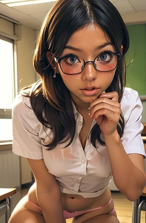 (Absurd:1.3),8k,(Detailed Photos:1.5),(Detailed face and skin:1.3),(Ultra-high resolution:1.5),(Realistic:1.5),Symmetrical clear eyes,Well-groomed face,(Ray Tracing:1.3) ,One girl, Japanese,high school girl,(wearing Japanese high school uniform:1.3),(Navy High School Uniform:1.3), break (Panties as a gift), break (Blue cotton panties with great detail:1.1),masterpiece, Highest quality, Very detailed,classroom,Black medium straight hair,Focus Panties,Cinema Lighting,(blush:1.3), break (Panty stains:1.4),Glasses,