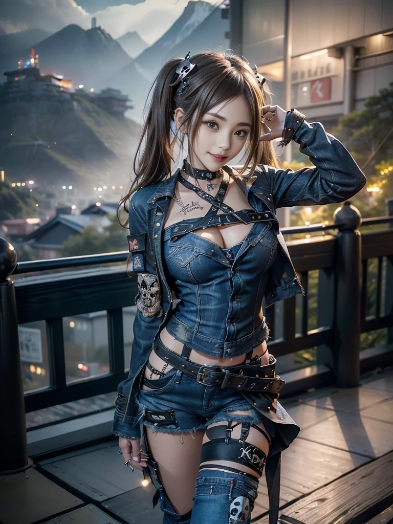 (Beautiful lips and nose:1.4)、(Long eyelashes:1.miling with teeth showing:1.3),(Shibuya Gal:1.5)、(Gothic Lolitcately decorated dress:1.5)、(Tattered denim and black punk rock cargo pants:1.5)、(Denim and black navy skull mark small jacket:1.4)、(denim garter belt:1.5)、(Black and denim knee socks:1.3)、(Skull S Accessories:1.5)、(Denim collar:1.3)、(Brown Skin Belt:1.4)、(Brown boots:1.2)、(The underwear is striped:1.4)、31 years old、((Highest quality、In 8K、masterpiece:1.3))、Sharp focus:Layered Cut、Huge boobs:1.1),Beautiful with perfect figure:1.4、(Dancing vigorously:1.3)、Slender Abs:1.2、Highly iled face and skin texture、Detailed eyes、double eyelid,(Twin tails:1.3)、(Brown-golden hair:1.3)、Gravure idol、(The background is a vast mountain with a clear view々Beautiful luxury resort destination in Europe:1.3)、(Slim Body:1.2),(Make your thinner:1.4),(clavicle:1.1)