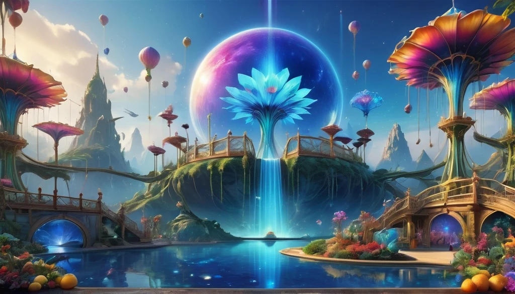 amusement park,Surreal and exotic landscapes,Beautiful everywhere、Vibrant、colorful。On the screen々Strange alien flowers of all shapes and sizes are projected.,A wide variety of tasty alien fruits。Best image quality,Resolution is 4K or 8K,Capture every detail perfectly。The pictures are very detailed,Presented in a realistic way,Delivering a truly immersive experience。This work combines illustration techniques with 3D rendering..,Visually stunning、A work of excellent craftsmanship。Bright colors,Enhance the surreal atmosphere of the landscape。The lighting design is very detailed,Expressing complex changes in light and shadow,Add layers and depth to your scenes。This work arouses curiosity and awe in the viewer.。.。,Take your audience into a magical, surreal world,Where natural beauty takes on a whole new meaning。