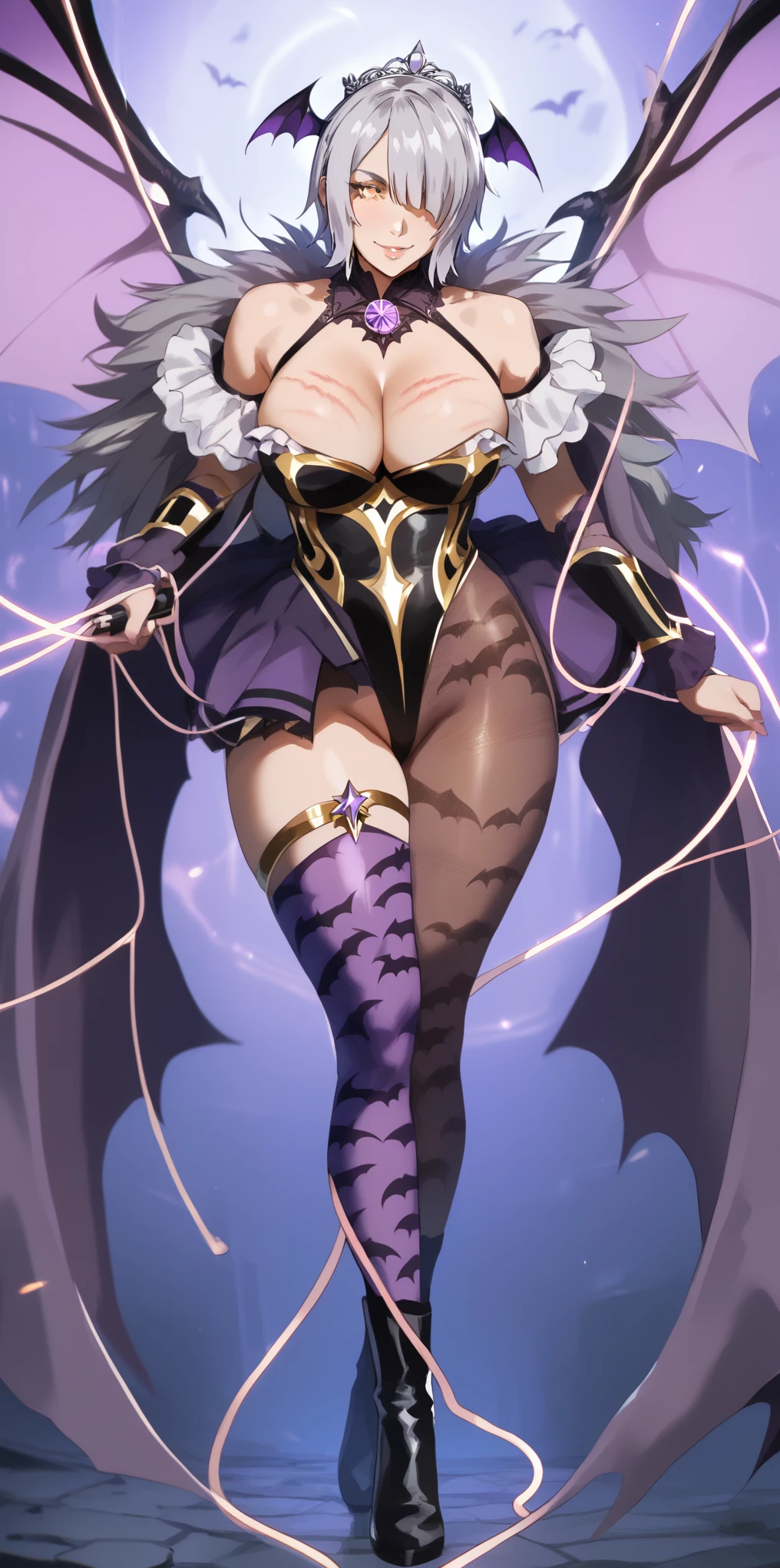 (hero neisan art style:0.7), (harayutaka art style:0.7), score_9, score_8_up, score_7_up, score_6_up, score_5_up, score_4_up, uncensored, chartreux westia, short hair, bangs, yellow eyes, grey hair, hair over one eye, tiara, BREAK (masterpiece:1.2), best quality, high resolution, (detailed eyes:1.3), perfect lighting, (perfect hands, perfect anatomy), ultra-detailliert, head_wings, print_legwear, pantyhose, animal_print, bat_print, breasts, 1girl, wings, succubus, long_hair, demon_girl, bare_shoulders, low_wings, leotard, solo, cleavage, bat_wings, purple_legwear, bridal_gauntlets, purple_wings, large_breasts, boots, vignettes, ultra-detailed, seductive smile, whip mark, glowing wire,