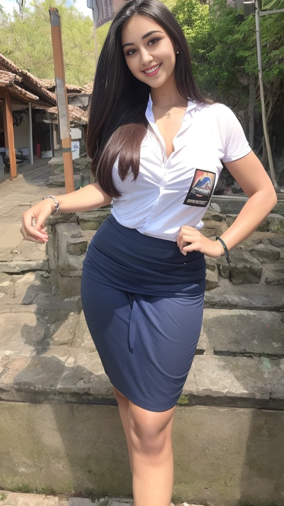 Best quality, masterpiece, ultra high res, (photorealistic:1.4), a beautiful woman, white v-neck shirt, cleavage , big to medium breast, curvy waist, six pack abs, shiny skin, seductive smile, bokeh, smiling,1girl, (Indonesian_high_school), Classroom, detailed face, detailed eyes, huge breasts, looking at the audience, clear light, (8k, RAW photo, best quality, masterpiece: 1.2), (realistic, realistic: 1.37),  ultra-high resolution,wide muscular hips, realistic face, (detailed face), sensual pose , black hair Color, wide angle, (busty), clean armpit, 19 years young woman, wide perfect thighs, muscular thighs, thick muscular arms, wearing very short tight skirt, asian goddess, long hair, straight hairstyle, muscular belly, thick wide muscular hips, muscular arm,thick body, long legs