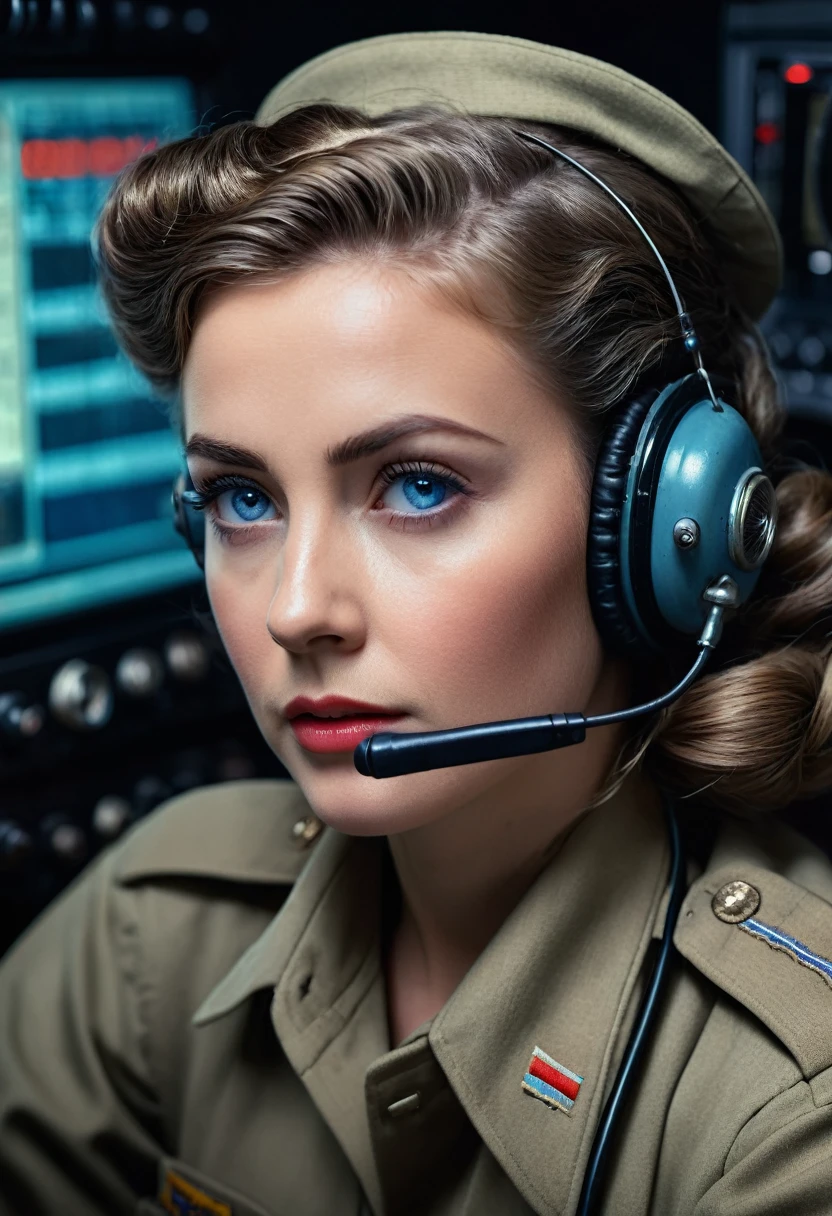 A woman in a World War II wireless operator uniform, detailed facial features, beautiful blue eyes, long eyelashes, intricate hairstyle, sitting at a radio console, intense focused expression, ambient lighting, cinematic composition, muted color palette, dramatic shadows, seamless blending of elements, ultra-detailed, 8k, photorealistic, masterpiece