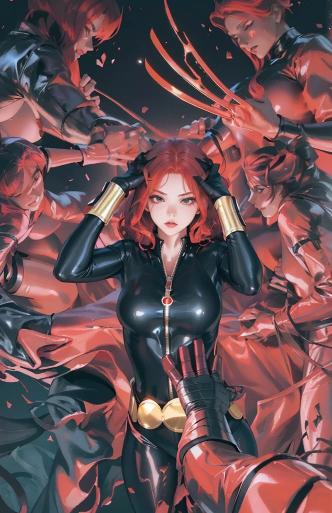 The image displays a red-haired woman in a sleek skin-tight shiny black latex bodysuit with a deep-cut zipper neckline revealing a large chest, the silver zipper running down the front
adorned with gold wrist guards and belt, standing with her hands on her head against a red background. She is surrounded by numerous red hands or claws extending toward her from all directions, creating an intense, dramatic atmosphere and indicating some form of impending threat. Her posture suggests determination and readiness, painting her as a figure of power or heroism amid the danger.