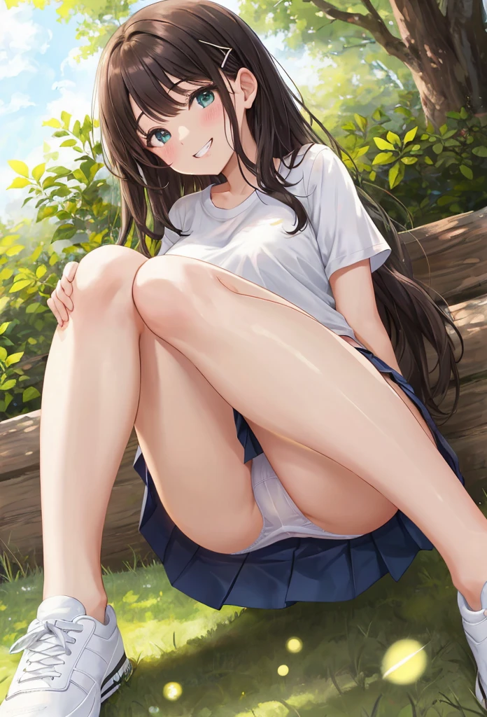 A beautiful girl sitting on the ground with her legs crossed, under a tree, sitting on the grass, a pair of white and black tennis shoes, yellow t-shirt, short sleeves, royal blue skirt, mini skirt, white panties, (show panties:1.4), (Panty shot:1.3), (pull up the skirt:1.3), (sitting on ground:1.4), put the heel on the ground, spread your legs a little, squat with your knees up, attach your ass to the ground, big rounds breasts, dark brown hair, swept bangs, long hair, wavy hair, expressive hair, shiny hair, hairclip, aqua eyes, (gradient eyes:1.3), glowing eyes, pupils sparkling, blush, bright pupils, grin, (grin:1.3), glossy lips, forehead, cute face, angle from below, upskirt, slim waist, shapely legs, beautiful thighs, whole body, Smile, natural smile, enchanting smile, (looking at the viewer:1.2), From before, from below, anime CG style, high definition, natural light, high detail, anime, dithering, image fill, perspective, Wide-Angle, f/1.8, 85mm, Sony FE GM, 8k, 8k wallpaper, super detail, highly detailed CG, UHD, retina, masterpiece, accurate, anatomically correct, textured skin, highres, best quality:1.3, 16k