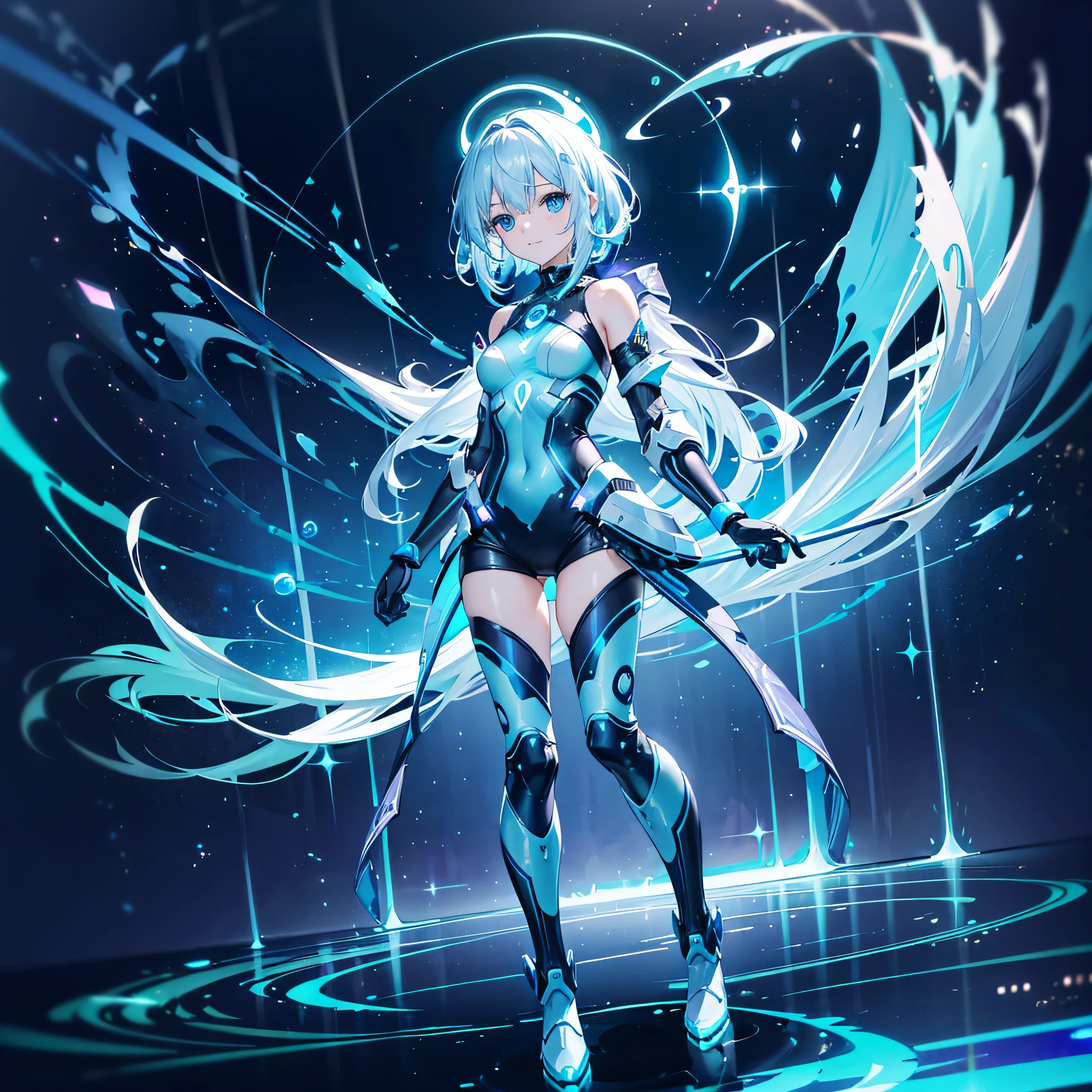 ((Holographic glow effect)),8k, Highest quality, (real:1.4), Original photo, 1 girl, Asari Hair, Biological Amplifier, Very sleek and futuristic armor, posture: Peace talks between warring factions,,attention arousal, smart blue eyes,A modest smile,Knee-high boots,Patent-look blue tights,Blue big moon and blue light swirl in the background,Blue light from behind,blue light magic,A small, glowing blue ball in the palm of your hand,Blue flame swirl,Blue Comet,Polished floor,