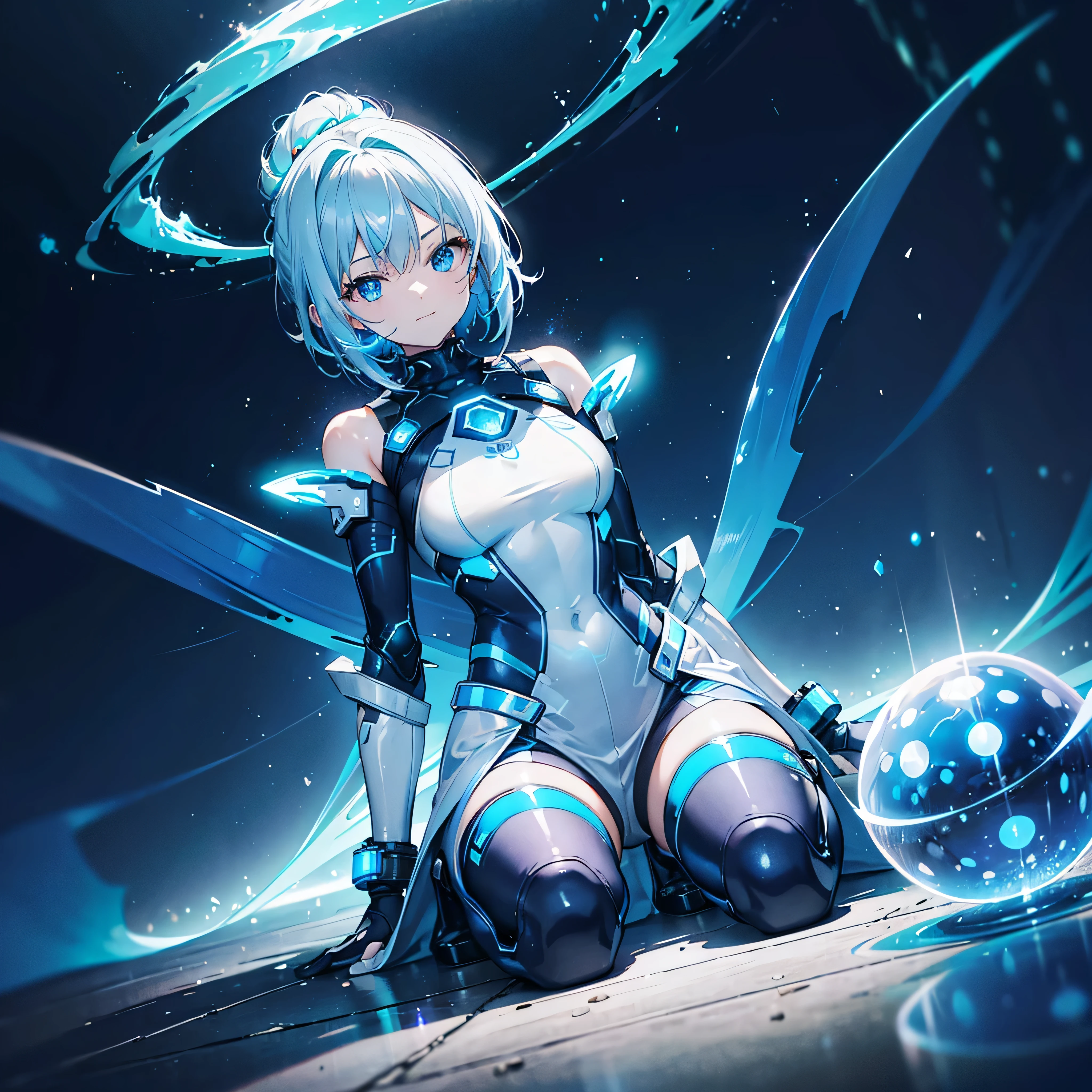 ((Holographic glow effect)),8k, Highest quality, (real:1.4), Original photo, 1 girl, Asari Hair, Biological Amplifier, Very sleek and futuristic armor, posture: Peace talks between warring factions,,attention arousal, smart blue eyes,A modest smile,Knee-high boots,Patent-look blue tights,Blue big moon and blue light swirl in the background,Blue light from behind,blue light magic,A small, glowing blue ball in the palm of your hand,Blue flame swirl,Blue Comet,Polished floor,