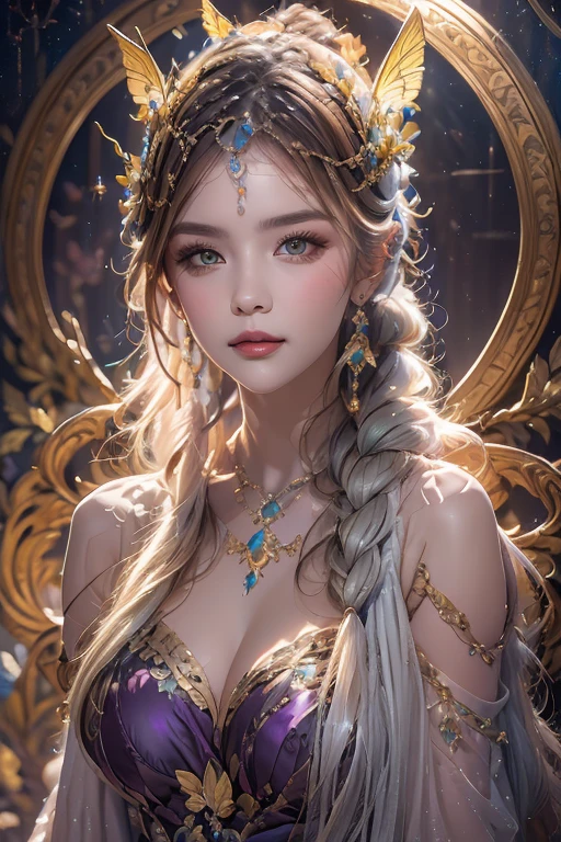 An intricately detailed digital painting featuring a young woman with long, braided blue hair, adorned with golden accessories and delicate butterflies. She wears a semi-transparent, flowing gown with gold and jewel embellishments, including a choker. The scene is set in a serene garden filled with vibrant purple flowers, bathed in soft moonlight. The background features a clear, starry night sky, enhancing the fantasy and ethereal atmosphere. The woman is seated gracefully, with an expression of serene contemplation, and the entire scene is rendered with high attention to detail and a focus on creating a magical, otherworldly vibe.