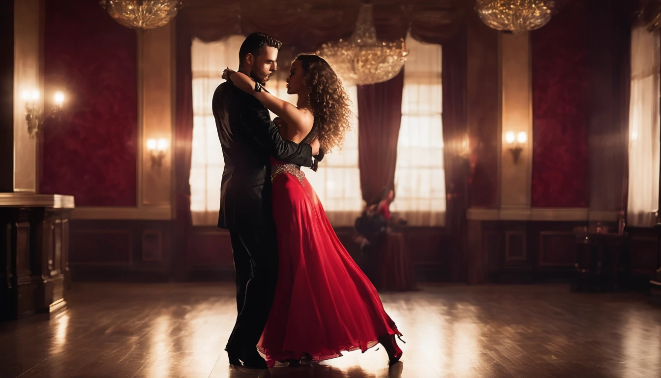 a well-dressed couple dancing in a dimly lit room at night, elegant ballroom dance, beautiful detailed eyes, beautiful detailed lips, intricate red long sexy body cone dress, long curly hair untied, hands cuffed with chain, dramatic lighting, soft focus, cinematic composition, warm color tones, high quality, detailed, photorealistic