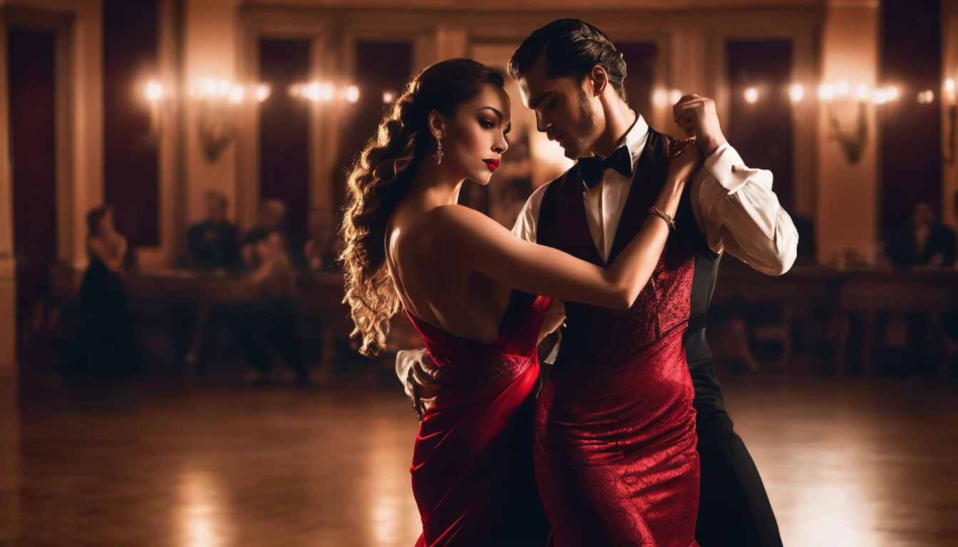 a well-dressed couple dancing in a dimly lit room at night, elegant ballroom dance, beautiful detailed eyes, beautiful detailed lips, intricate red long sexy body cone dress, long curly hair untied, hands cuffed with chain, dramatic lighting, soft focus, cinematic composition, warm color tones, high quality, detailed, photorealistic