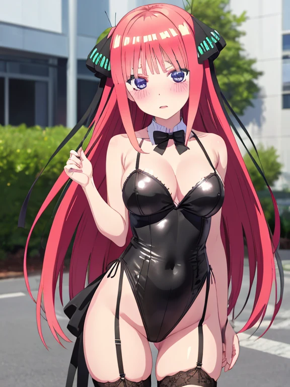 best quality, insanely detailed, nino nakano, , blush, outdoor background, bare-shoulder, looking at viewer, garter strap, a black ribbon, stockings, highleg leotard