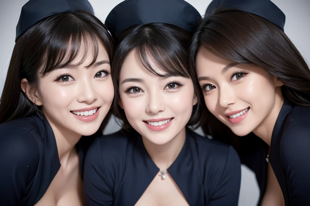 two sexy women in navy outfits who are wives of 4 years old boy, looking at camera cute smiles, happy opened mouths, close up faces portrait