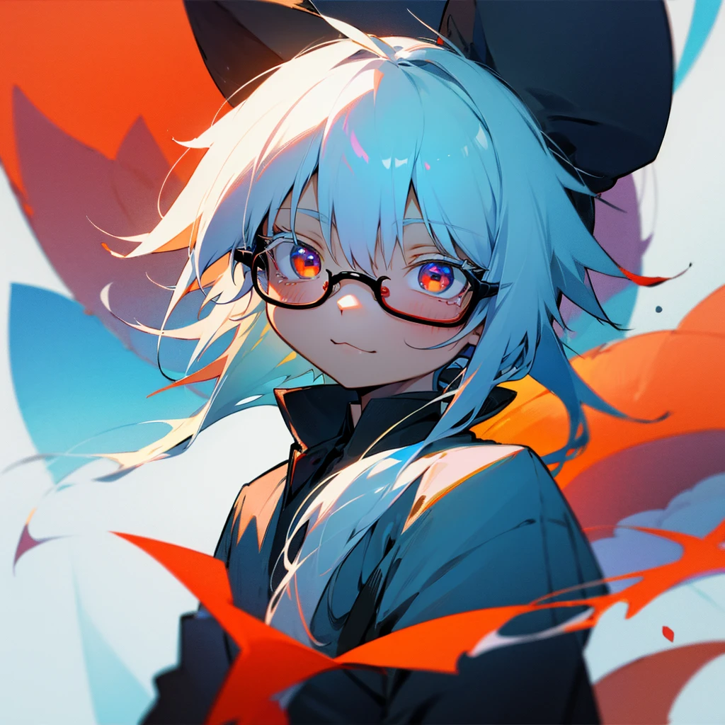Shota,fox,cute,White and blue hair,White hair,Red pupil,Black glasses,front,Upper Body