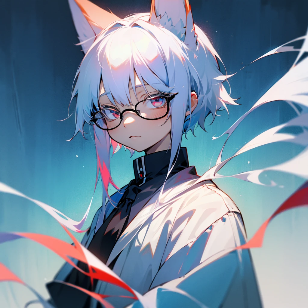 Shota，fox，cute，White and blue hair，White hair，Red pupil，Black glasses，front，Upper Body