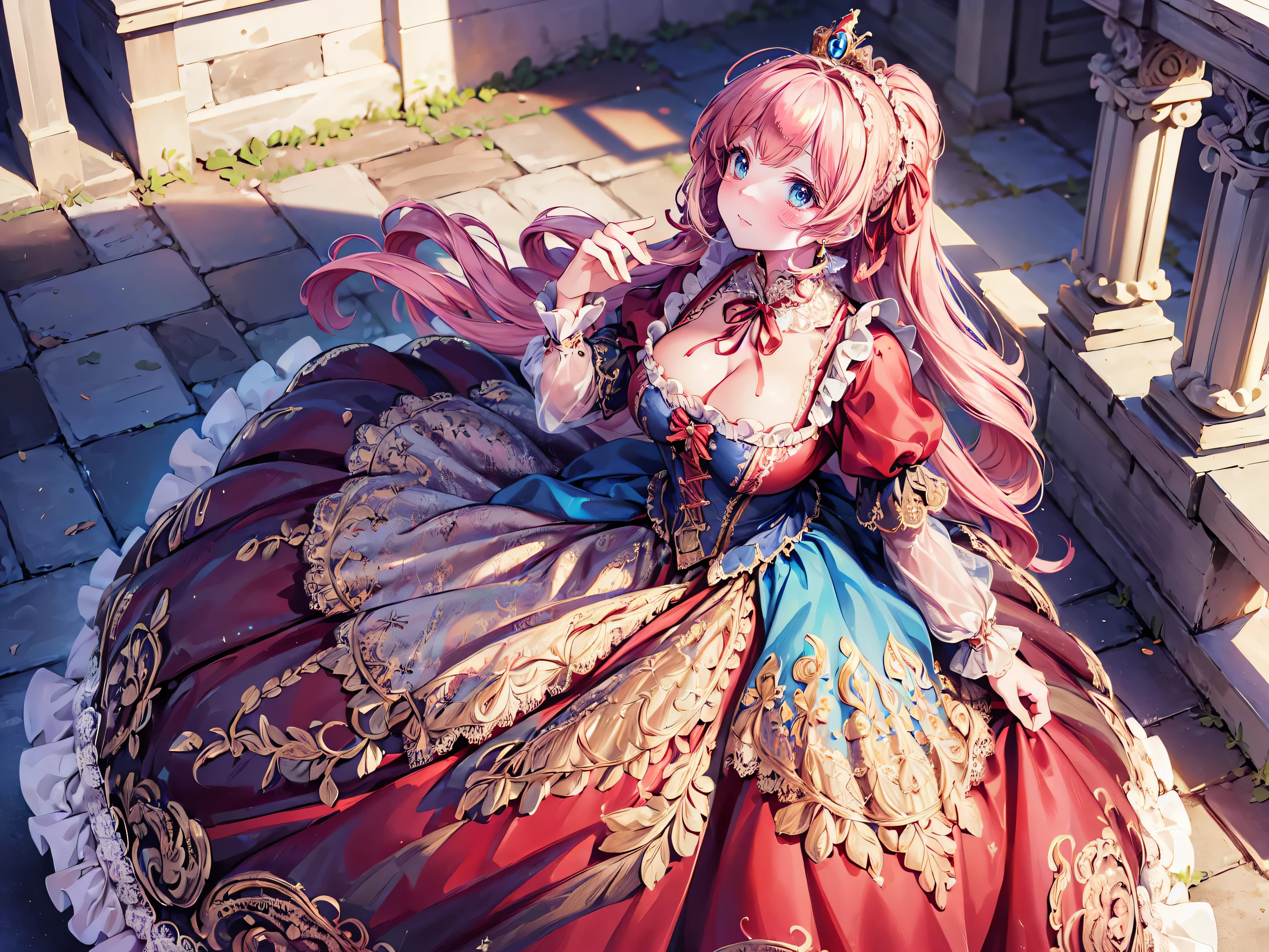 ((Superbly detailed drawing, ultra detailed, exquisite quality, absolutely resolution)), (((young face solo princess))), (((Unsurpassed gorgeous rococo victorian gown with voluminous huge hoopskirt and long hems, princess style skirt:1.5))), ((transparency gown, fluffy and full of pleats skirt:1.3)), (Super detailed and intricate exquisite design gown:1.5), ((overwhelming amount many ruffles with ribbons with intricate lace with Super detailed and intricate embroidery gown:1.9)), ((huge breasts, breasts cleavage)), (ponytail, fluffy long Expressive, hair pink hair), super voluminous long hair, hair ornament tiara, embarrassed, (((curtsey:2))), (blurry background, depth of field:1.5), super detailed skin, super delicate and beautiful face, (eyes blue eyes), (backlighting, particle effect, caustics), (((sharp focus))), ((Eden, blue sky)), (fisheye lens:1.1), (magnificent panorama view, dynamic angle:1.3), ((full body)), (looking viewer, looking up, from above, from front:1.5),