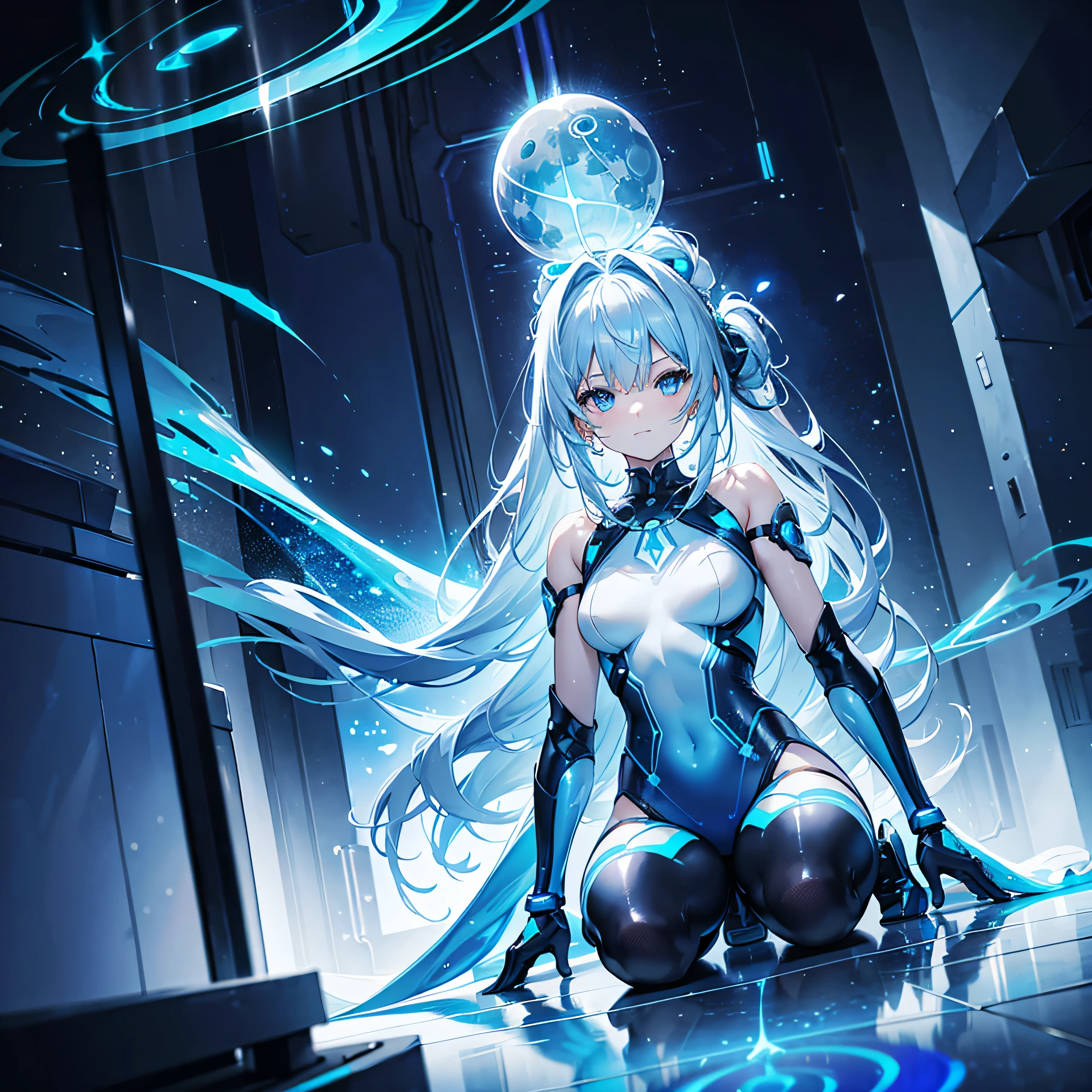 ((Holographic glow effect)),8k, Highest quality, (real:1.4), Original photo, 1 girl, Asari Hair, Biological Amplifier, Very sleek and futuristic armor, posture: Peace talks between warring factions,,attention arousal, smart blue eyes,A modest smile,Knee-high boots,Patent-look blue tights,Blue big moon and blue light swirl in the background,Blue light from behind,blue light magic,A small, glowing blue ball in the palm of your hand,Blue flame swirl,Blue Comet,Polished floor,