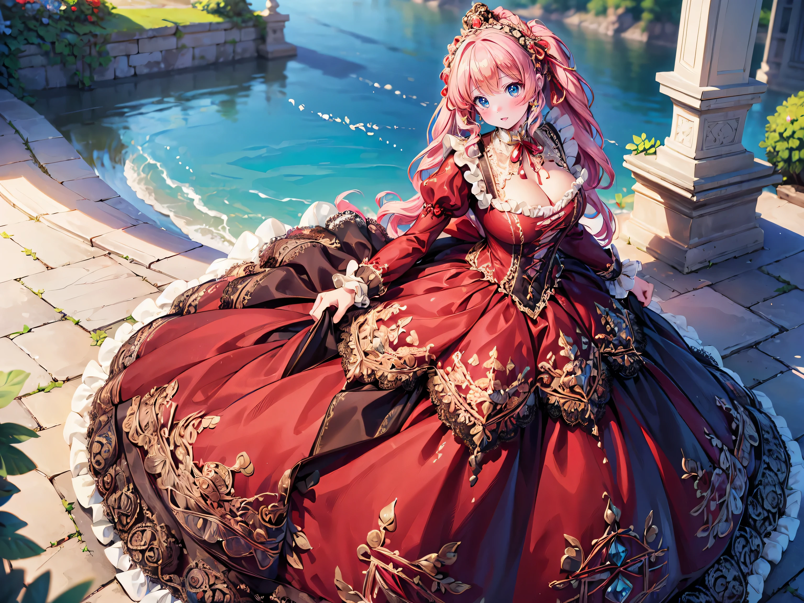 ((Superbly detailed drawing, ultra detailed, exquisite quality, absolutely resolution)), (((young face solo princess))), (((Unsurpassed gorgeous rococo victorian gown with voluminous huge hoopskirt and long hems, princess style skirt:1.5))), ((transparency gown, fluffy and full of pleats skirt:1.3)), (Super detailed and intricate exquisite design gown:1.5), ((overwhelming amount many ruffles with ribbons with intricate lace with Super detailed and intricate embroidery gown:1.9)), ((huge breasts, breasts cleavage)), (ponytail, fluffy long Expressive, hair pink hair), super voluminous long hair, hair ornament tiara, embarrassed, (((curtsey:2))), (blurry background, depth of field:1.5), super detailed skin, super delicate and beautiful face, (eyes blue eyes), (backlighting, particle effect, caustics), (((sharp focus))), ((lot's of colorful flowers, in fog forest:1.5)), (fisheye lens:1.3), (very wide shot, magnificent panorama view, dynamic angle:1.5), ((full body)), (looking viewer, looking up, from above, from front:1.5),